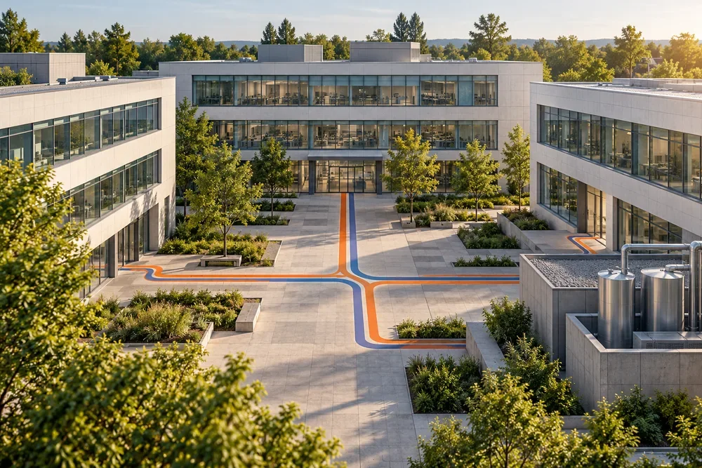 Illustration eines Forschungscampus mit hervorgehobenen Wärmeleitungen