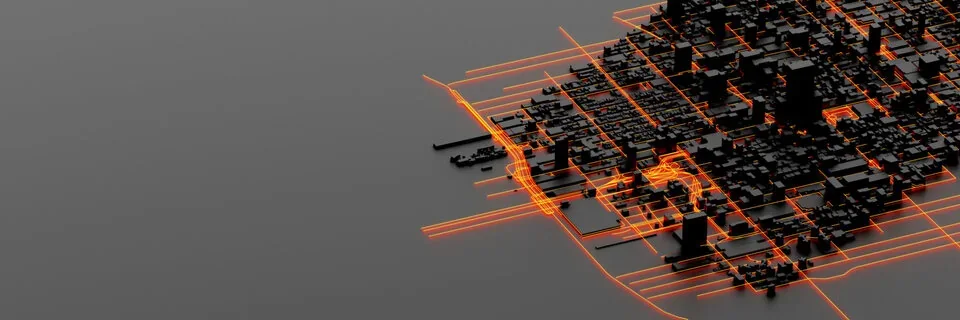Digitales Stadtmodell mit hervorgehobenem Wärmenetz